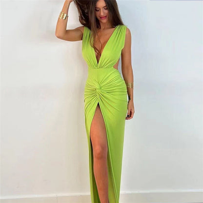 Spring Summer Women Clothing Backless Sexy V neck Slim Fit High Split Dress for Women