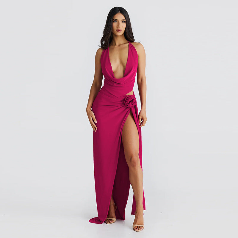 Sommer Damen Kleidung Schnürung Rückenfrei Sexy Deep V Plunge Neckholder Sling High Slit Mittellang Rock Set