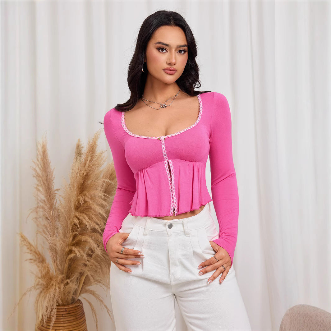 Ropa de mujer Otoño Invierno Rosa Rojo Dulce Camiseta Corta Corta Entallada Sexy Top