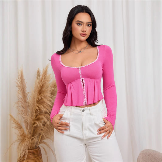 Ropa de mujer Otoño Invierno Rosa Rojo Dulce Camiseta Corta Corta Entallada Sexy Top