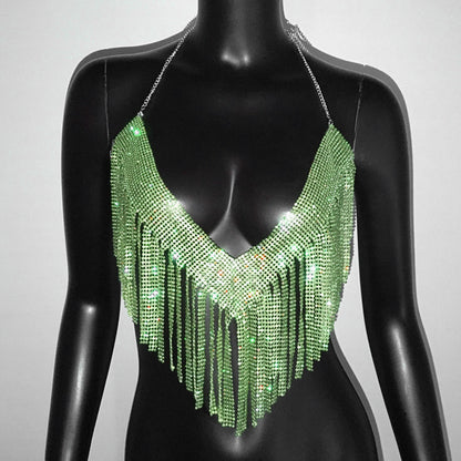 Ropa de mujer Top de diamantes de imitación de metal Traje sexy de fiesta con diamantes de imitación Club nocturno Sexy Sling