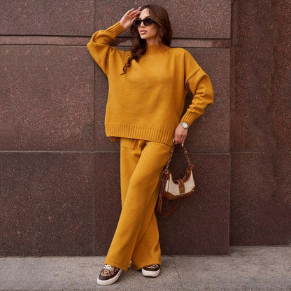 Women Clothing Solid Color Stand Collar Split Casual Sweater Sweater Pullover Knitted Trousers Loose Two Piece Sets