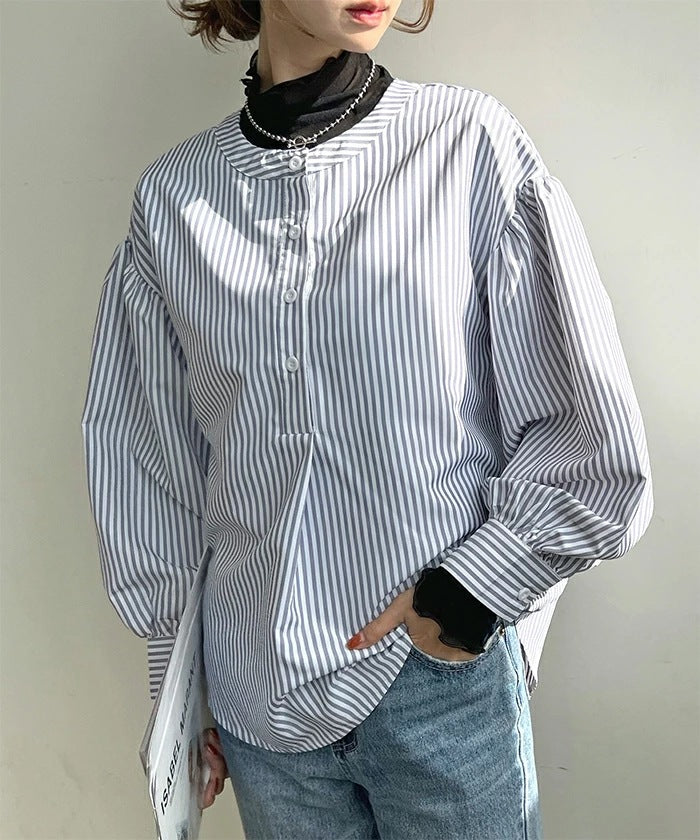 Women Shirt Summer Loose High Grade 7 Color Striped Lantern Sleeve Top Women