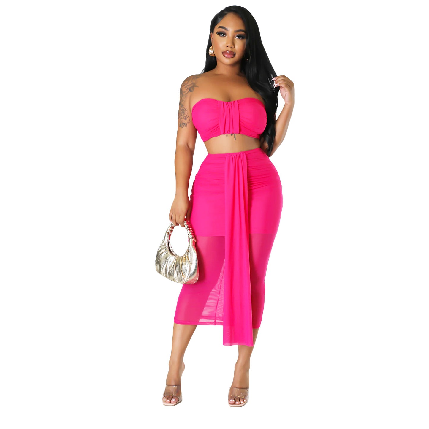 Summer Women Clothing Sexy Mesh See Through Wrapped Chest Skirt Two Piece Set