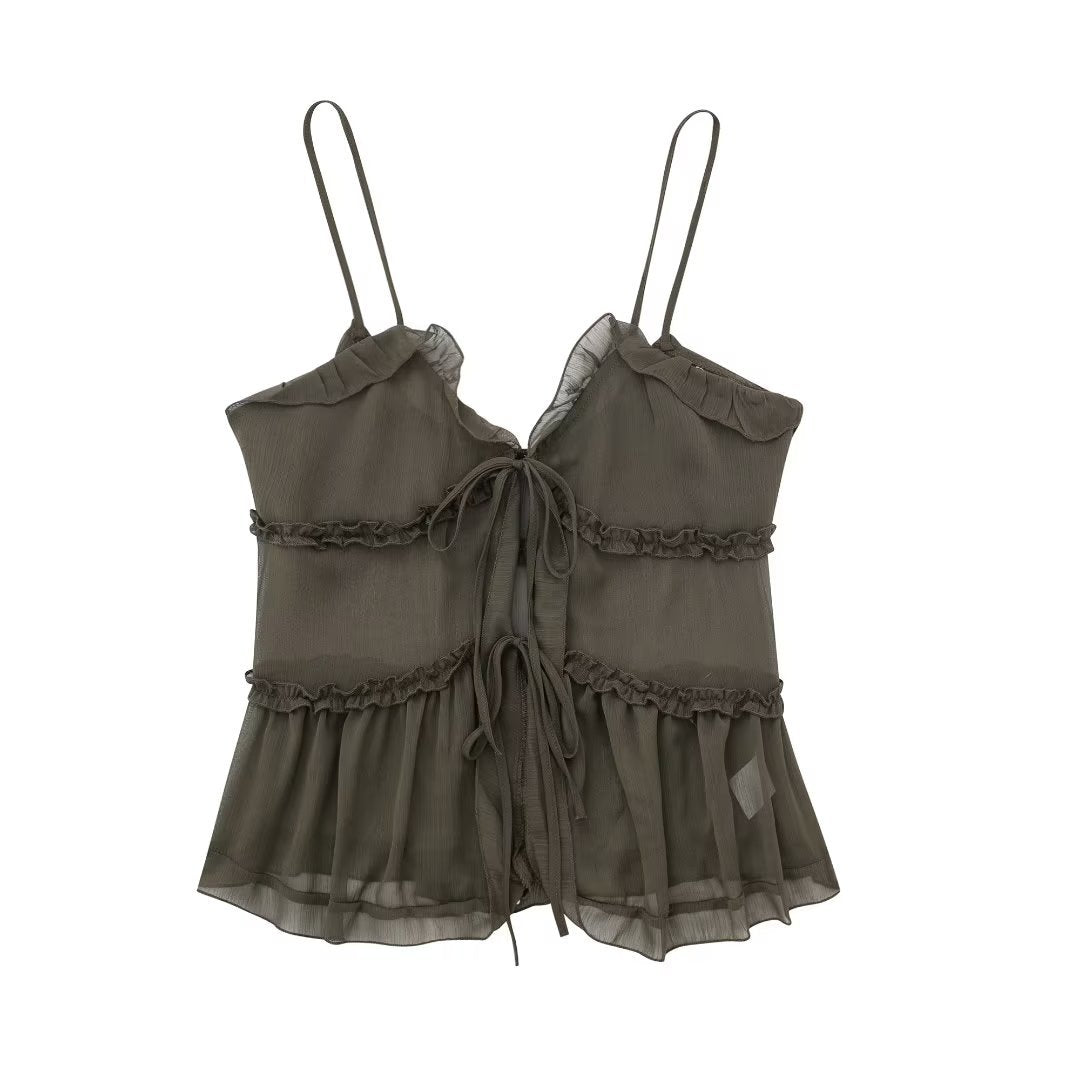 Women' Translucent Laminated Decoration Camisole Top Small Vest