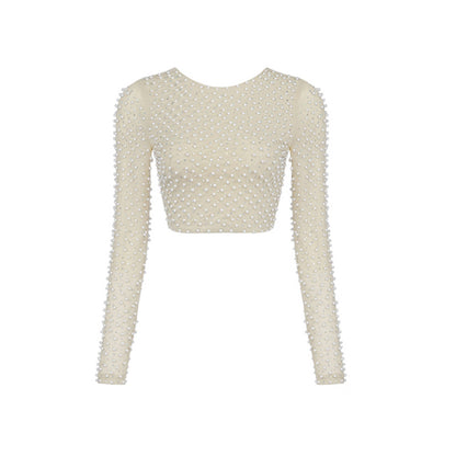 Spring Autumn Pullover Round Collar Gauze Sexy Women Clothing Bead Long Sleeve Slim Fit Short Cropped Top Women