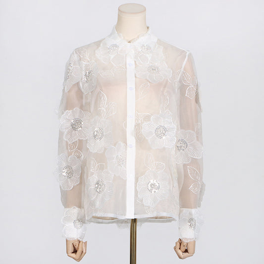 Spring Collared Heavy Industry Organza Embroidery Three Dimensional Floral Sequ Stitching Design Shirt Organza