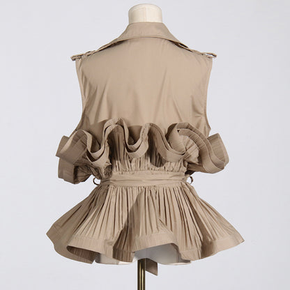 Spring Summer Elegant Khaki V neck Pleated Stitching Design Sleeveless Lace-up Women Shirt