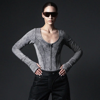 Washed Worn Jumpsuit Women Zipper Slim Top Autumn Winter Sexy Sexy Women Clothing