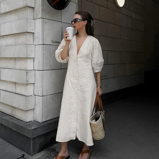 Vestido largo francés de lino y algodón con manga abombada para mujer, camisa holgada con Espalda descubierta, cuello en V, color Beige, francés