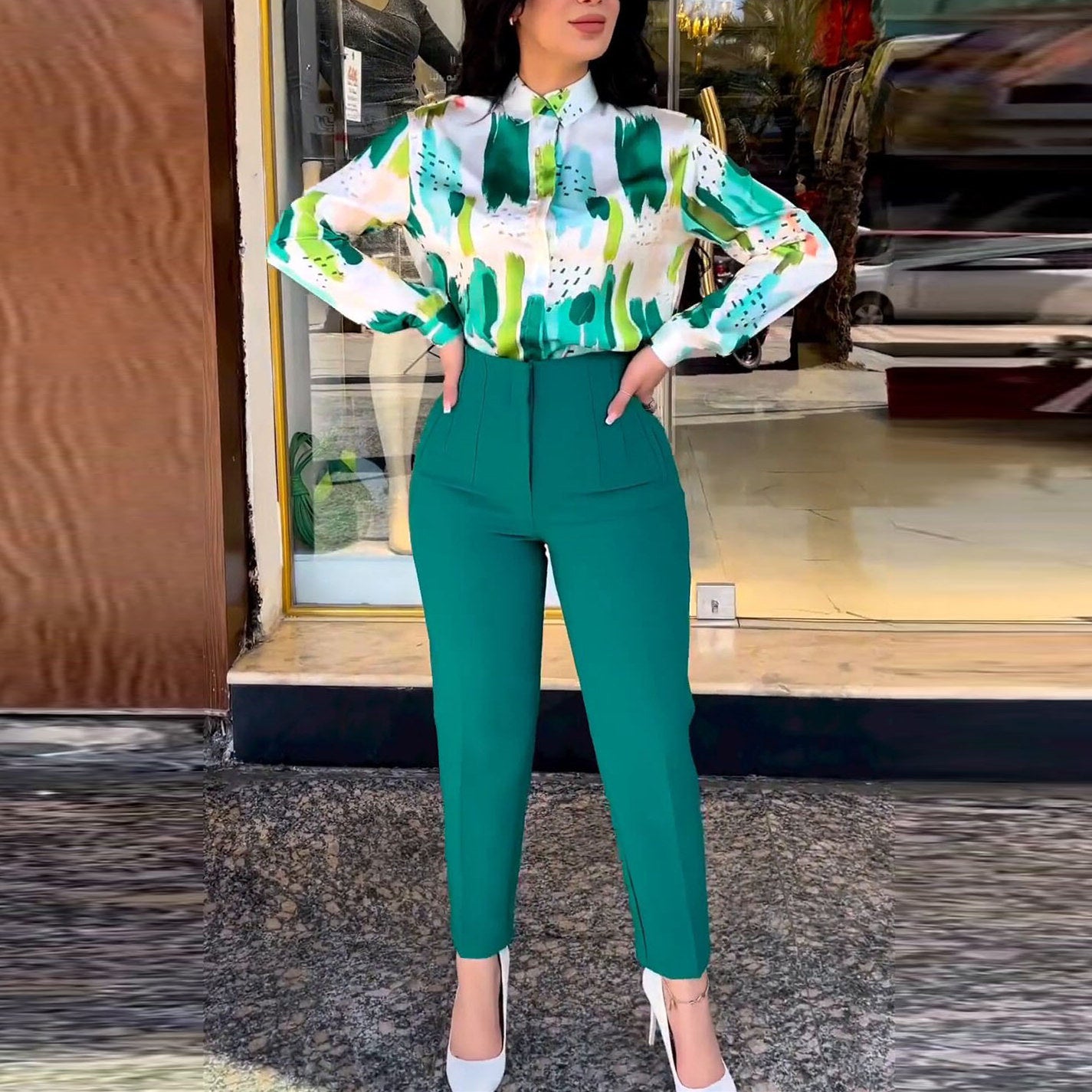 Office Women Clothing Summer Elegant Long Sleeve Blouse High Waist Cropped Pants Skinny Pants Suit