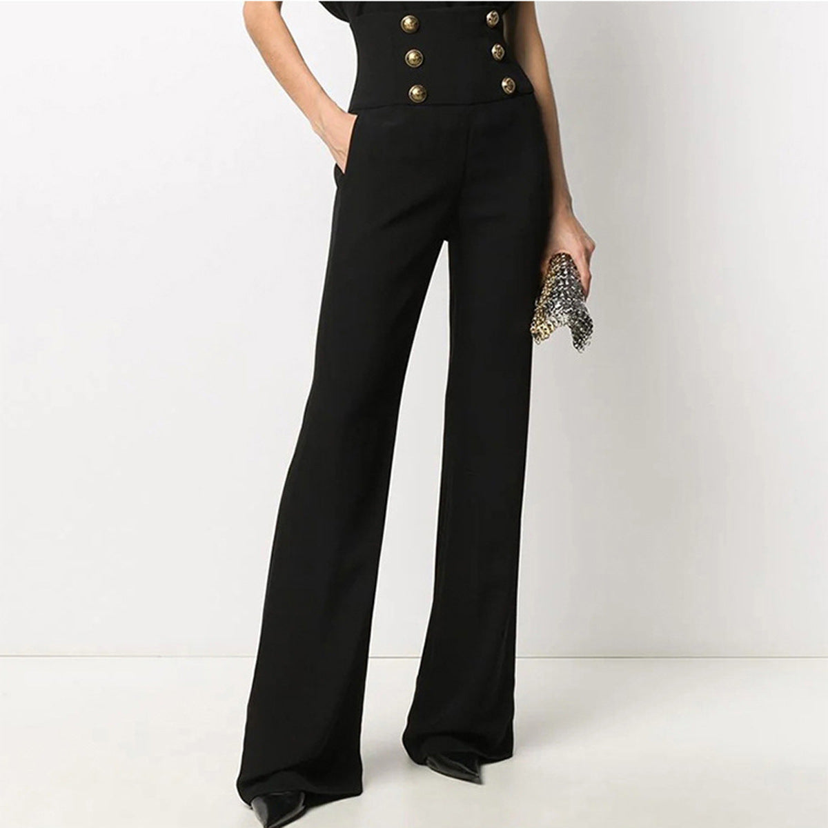 Spring Autumn Black Wide-Leg Pants Office High Waist Flared Pants Draping Long Casual Pants