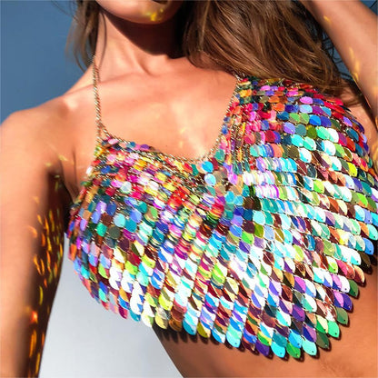 Women Clothing Melon Seeds Sequin Sling Sexy Sexy Top Backless Color Sequ Chest Necklace Sling