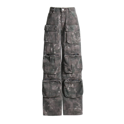 Frühling Retro Design Tasche Weites Bein Jeans Camouflage Lose Schlankheits Workwear Hose Verwaschene Hose