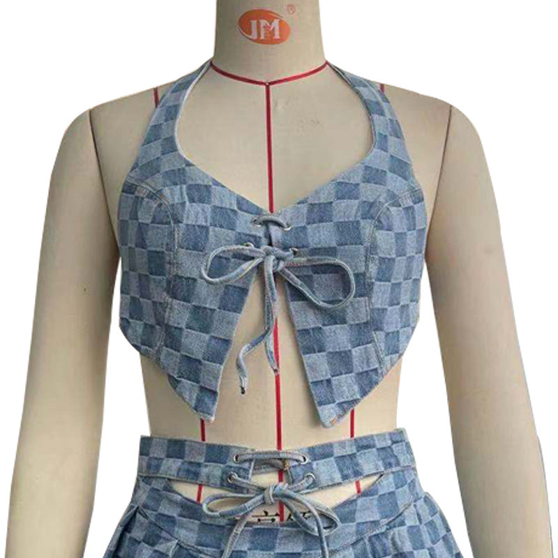 Sexy Denim Halter Vest Irregular Asymmetric Lace Up Plaid Camisole