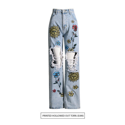 Pantalones vaqueros con diseño rasgado de cintura alta especial de verano para mujer, pantalones informales con estampado Retro