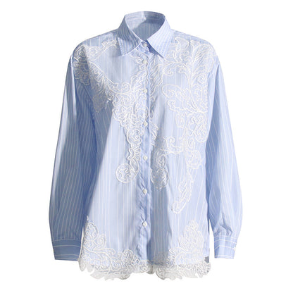 Primavera moda elegante cuello encaje ahuecado recorte costura suelta adelgazamiento camisa de manga larga para mujer