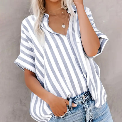 Spring Summer Top Casual Two Tone Striped Cardigan Short Sleeve Shirt Women Clothing