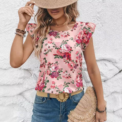 Women Clothing Summer Floral Print Short Sleeved Women Shirt