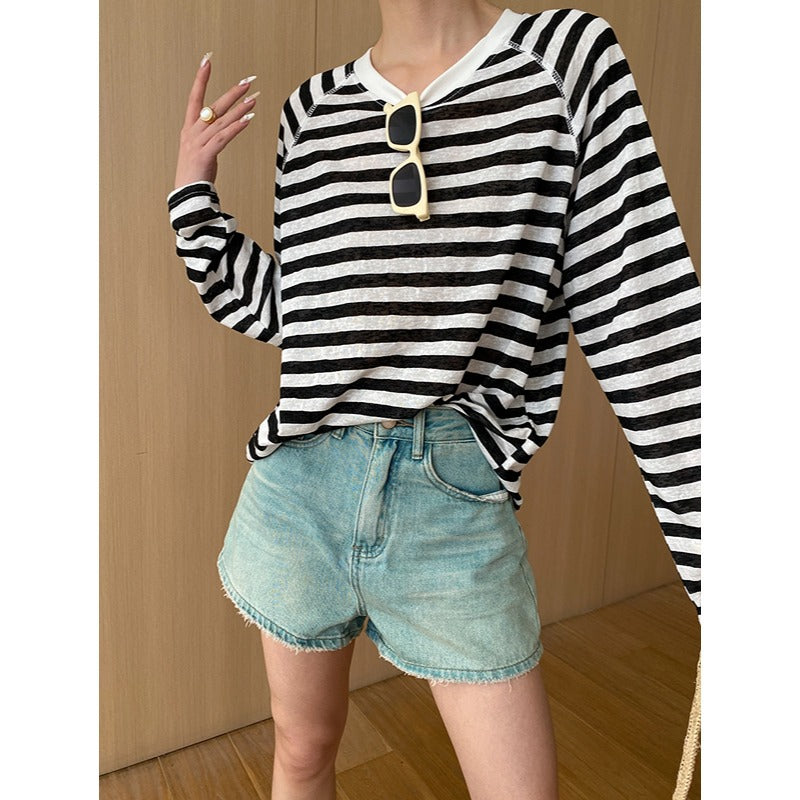 Paperman Idle Thin Breathable Round Neck Contrast Color Striped Sun Protection Shirt Long Sleeve T Shirt