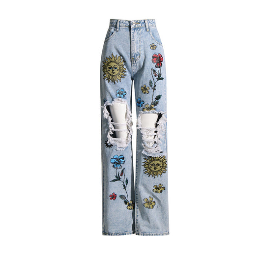 Pantalones vaqueros con diseño rasgado de cintura alta especial de verano para mujer, pantalones informales con estampado Retro