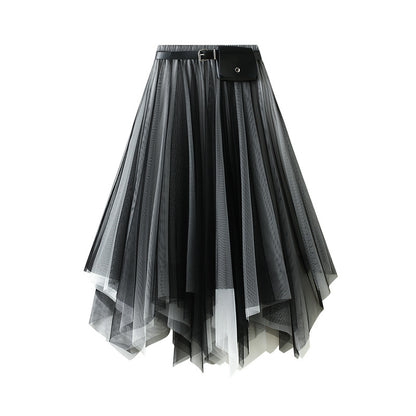 Irregular Asymmetric Skirt Spring Summer Mid-Length Black Large Swing Skirt Super Fairy Lace Gauzy Skirt