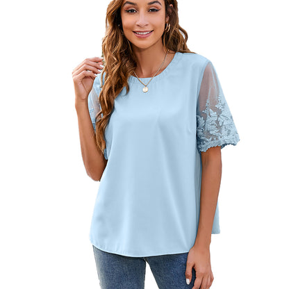 Damenbekleidung Rundhals-Spitzenhemd Chiffonbluse Damentop