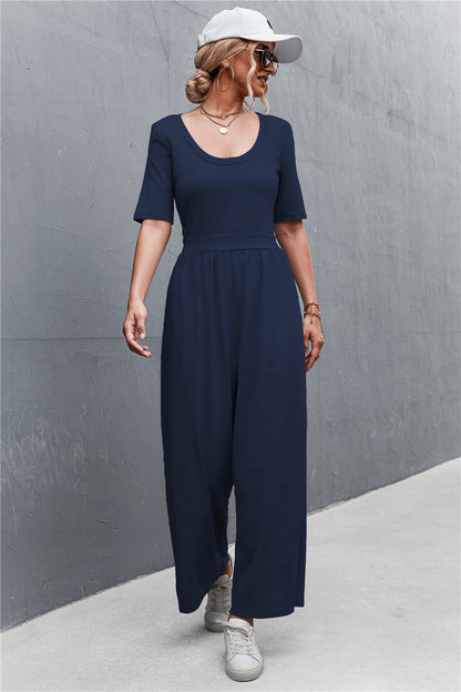 Spring Summer Short Sleeve U Collar Loose Wide Leg Jumpsuit