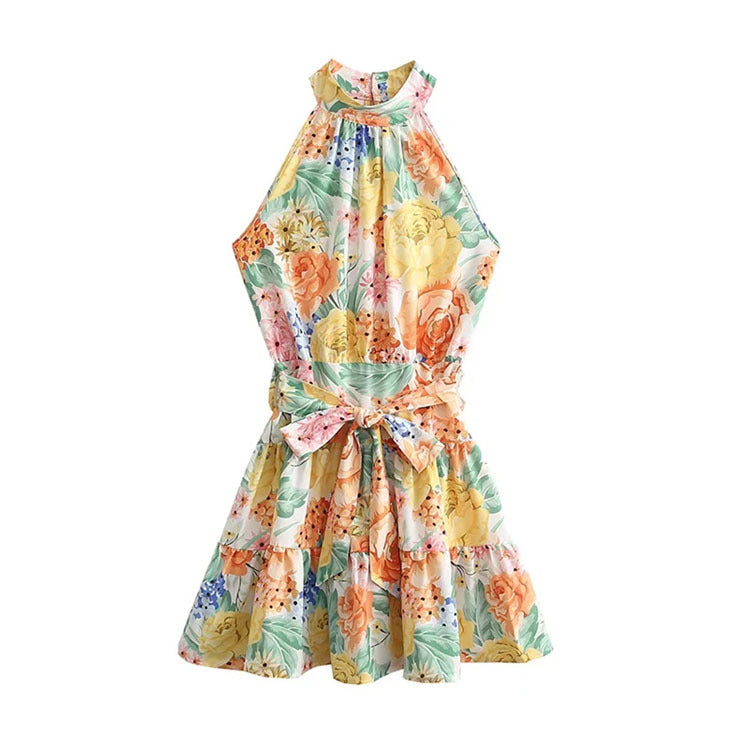 Vestido con cordones y estampado floral francés para primavera y verano, vestido corto con costuras y hombros descubiertos con volantes y cuello halter dulce