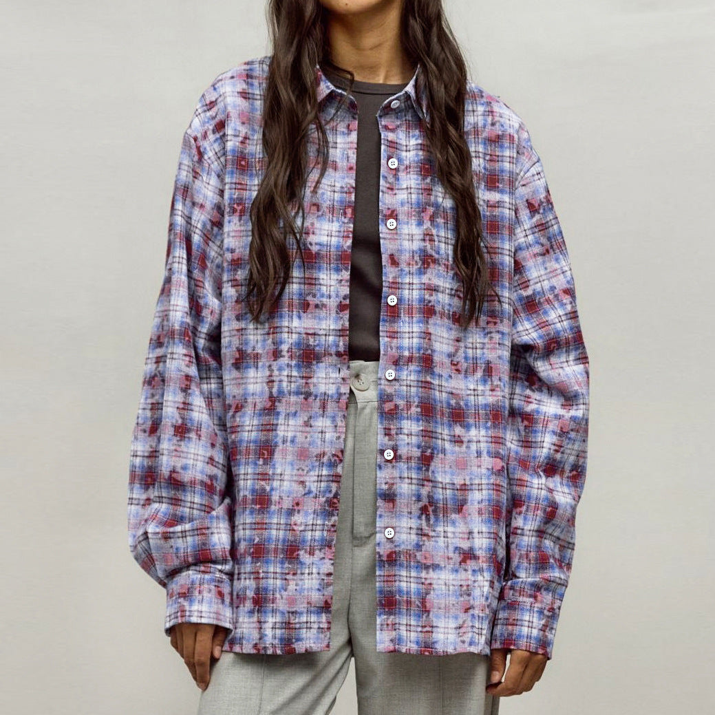 Frühling Klassische Plaid Baumwolle Kragen Lose Langarm Hemd Strickjacke