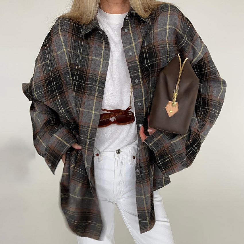 Loose Polo Collar Long Sleeve Plaid Classic Shirt Spring Summer Polyester Cotton All Matching Cardigan Shirt