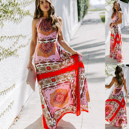 Summer Halter Maxi Dress Sexy Exotic Printed High Waist Sleeveless Office Dress for Women