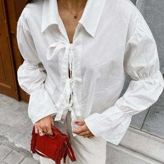 White Cotton Design Collared Drop-Shoulder Sleeve Casual Shirt Bow Tie Office Shirt for Women