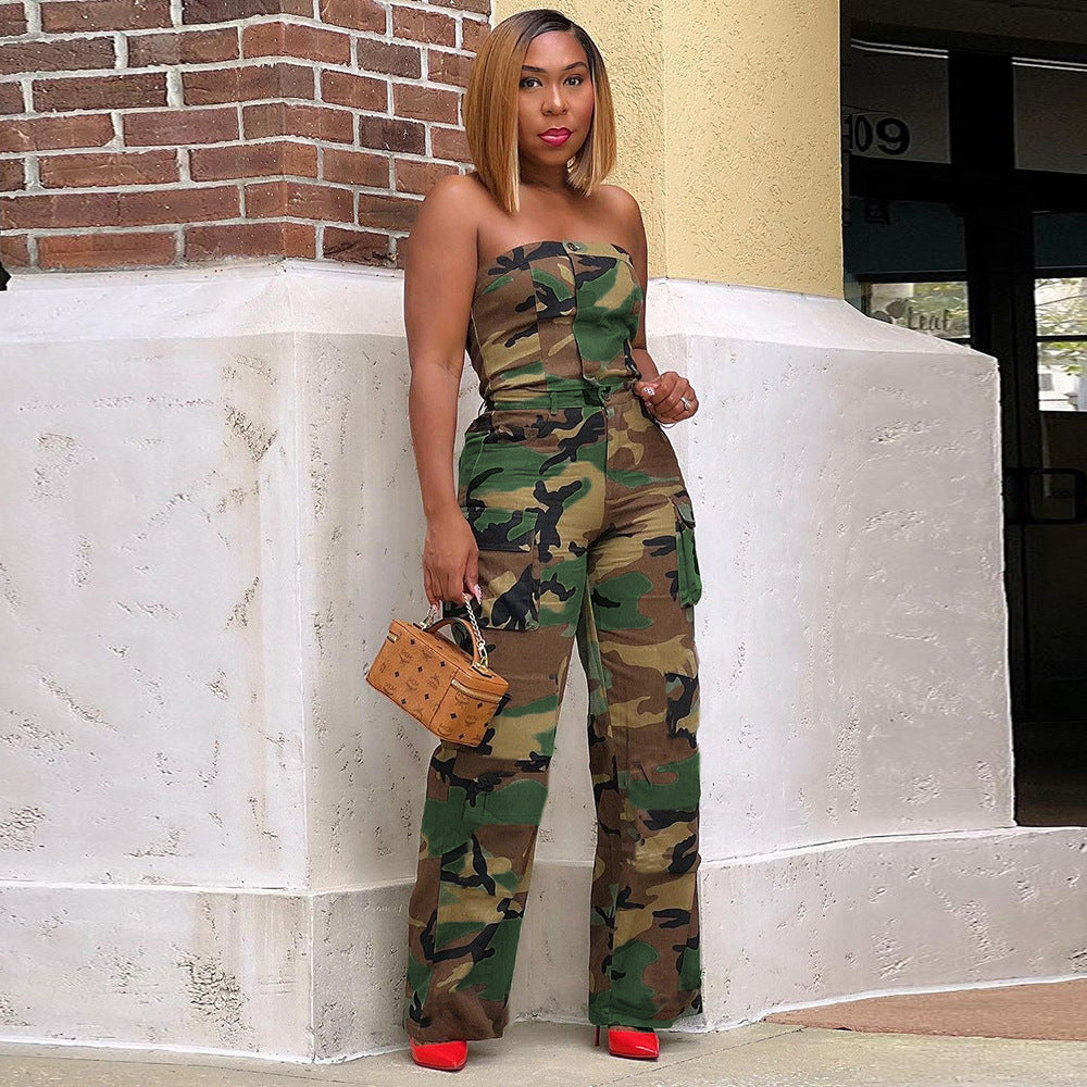 Women Camouflage Browsing Wrapped Chest Suit Personalized Stretch Elastic Back Waist Trousers Suit Women