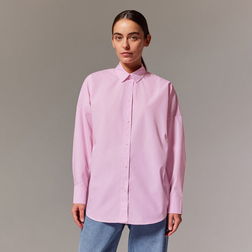 Spring French Office Long Sleeve Shirt Women Loose Cotton Bottoming Shirt Mid Length Women Wear