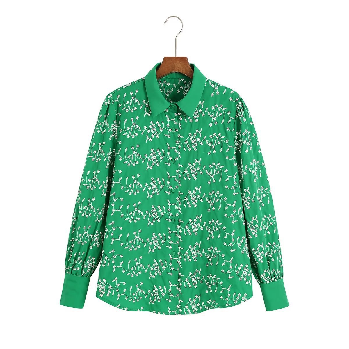 Women Clothing Fall Casual Green Embroidery Shirt Long Sleeve Embroidered Shirt