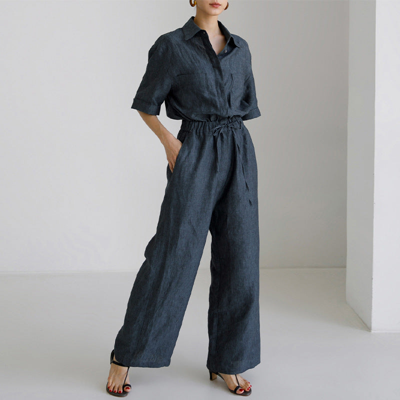 Pure Linen Jumpsuit Niche Design Workwear Short Sleeve Straight Leg Pants Women Loose Slimming Casual Pants