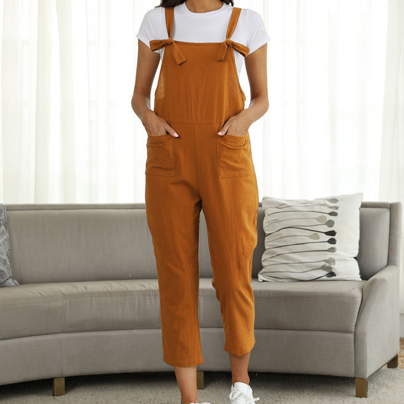 Spring Summer Women Clothing Artistic Cotton Linen Suspender Casual Trousers Jumpsuit