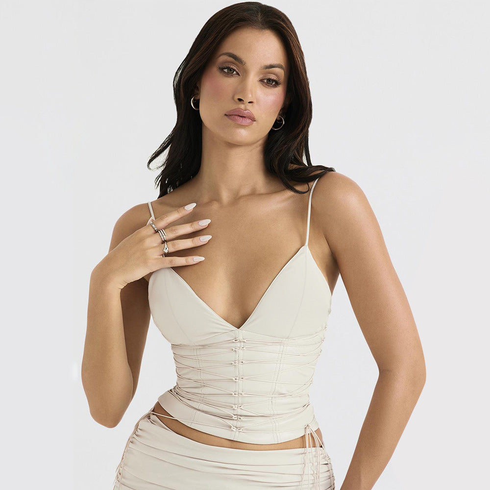 Ropa Sexy para mujer, chaleco con tirantes de escote en V profundo de piel sintética, Top Sexy ajustado con espalda descubierta para mujer entrecruzado