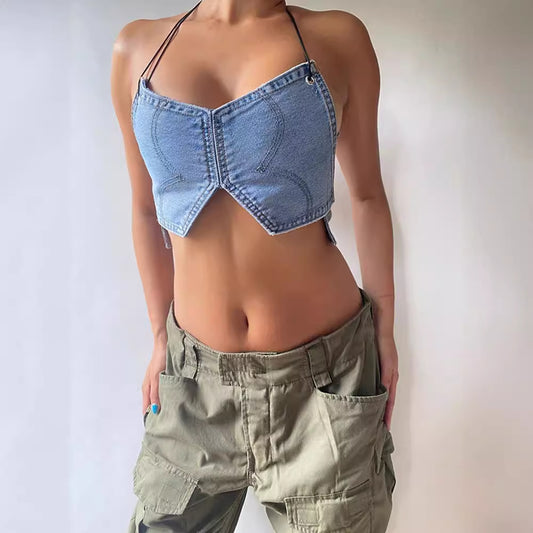 Sexy Spring Summer Special Interest Design Sleeveless Denim Bandeau Sling Street Blue Vest