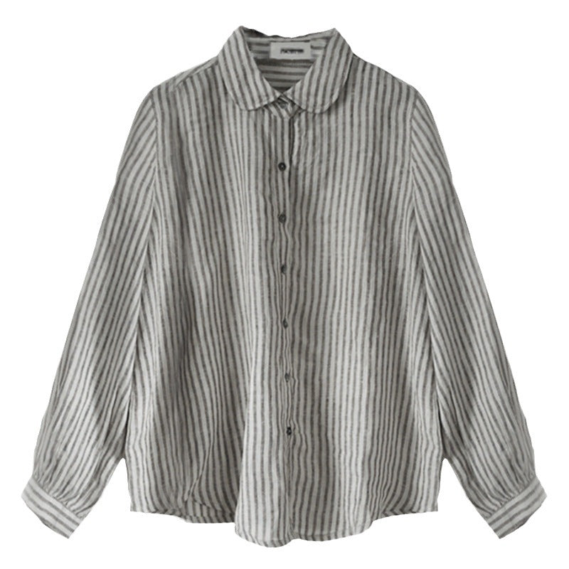 Camisa a rayas de lino sin estampado para mujer, vestido vendaje de primavera y otoño, cárdigan de manga larga, camisa informal de nicho, ropa de lino y algodón para mujer