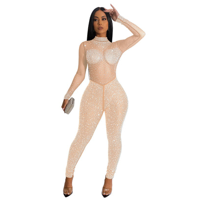 Women Wear Solid Color Mesh Rhinestone Long Sleeved Trousers Jumpsuit