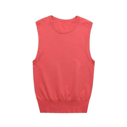 Women Clothing Summer Striped Basic Round Neck Sleeveless Knitted Top