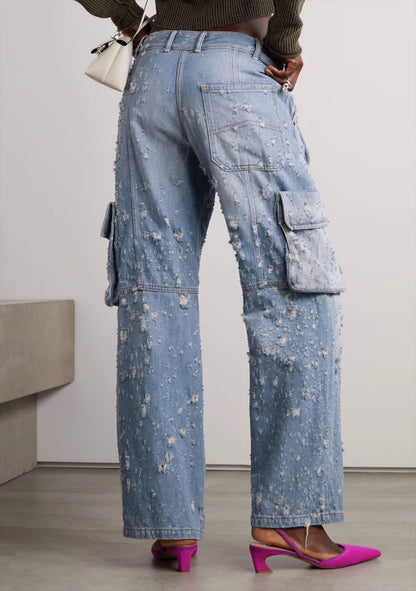 Niche Design Jeans Ropa de trabajo azul claro Mujeres Diseño dañado Pantalones con agujeros sueltos de cintura alta