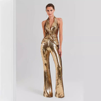 Summer High End Elegant Sequined Light Luxury Halter Jumpsuit Cocktail Host Annual Meeting Performance Dress for Women