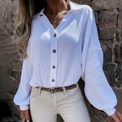 Polo con cuello en V y puños plisados ​​para mujer, camisa de color liso, ropa para mujer