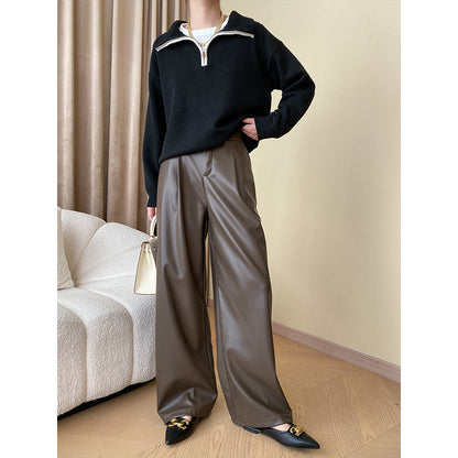 Urban Modern Soft Protein Leather Fleece Thickening Wide Leg Pants Fashionable Mopping Leather Pants