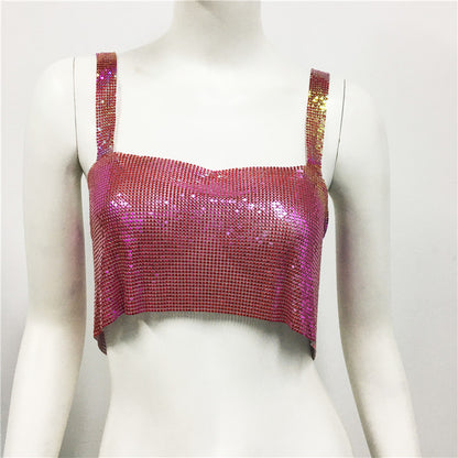 Women Clothing Metal Sequ Vest Sexy Party Nightclub Sweet Spicy Sequin Sling