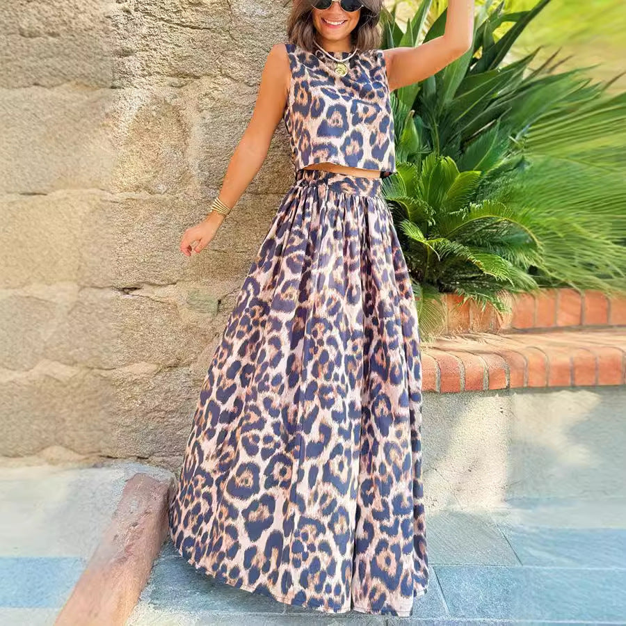 Women Casual Leopard Print Top Skirt Two Piece Sets