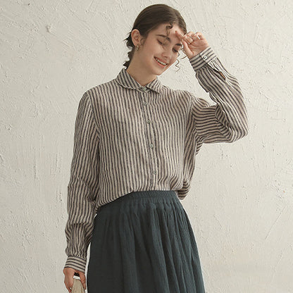 Linen Striped Shirt Loose Niche Long Sleeved Cardigan Women Autumn Japanese Cotton Linen Inner Wear Bandage Dress Casual Shirt